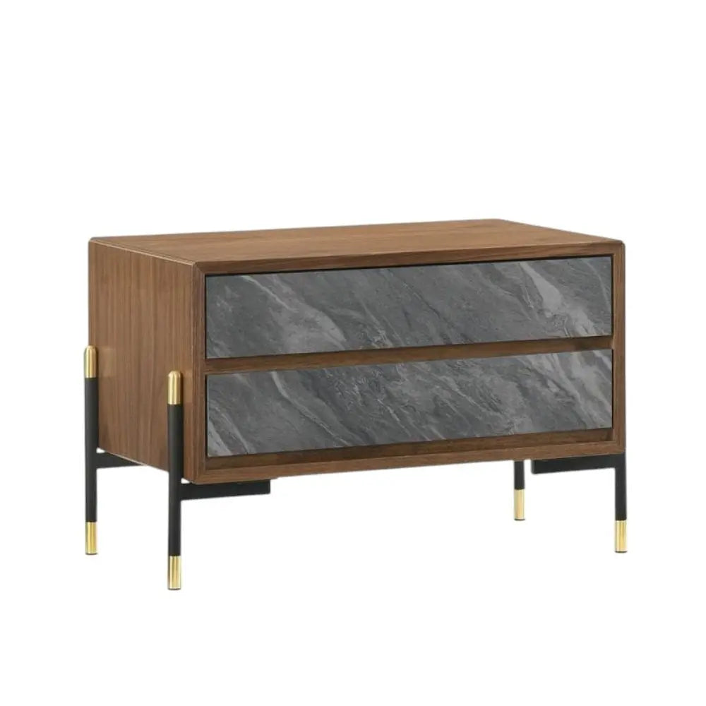 Mid Century Walnut and Gray Faux Marble Two Drawer Nightstand HomeRoots