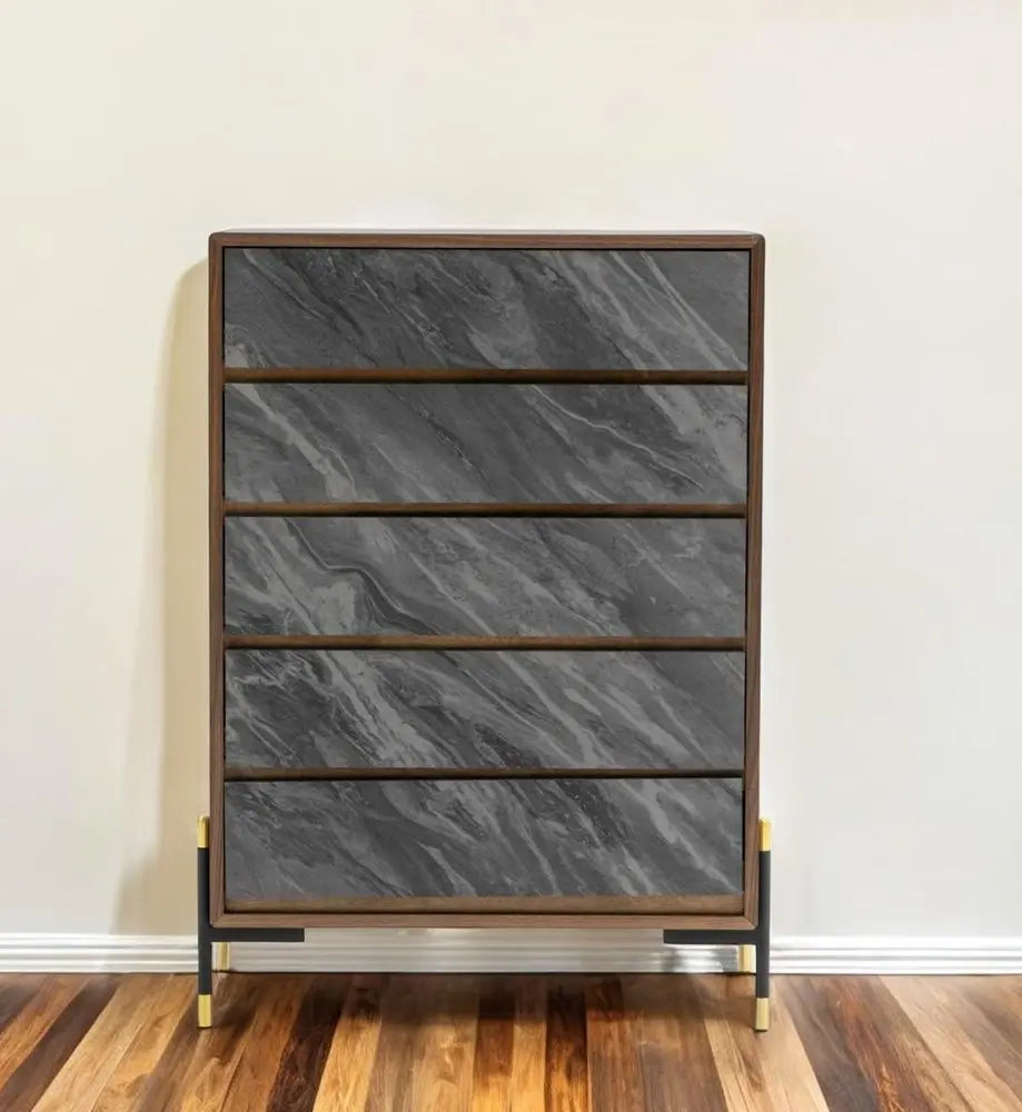 63" Walnut And Grey Faux Marble Wood Six Drawer Double Dresser HomeRoots