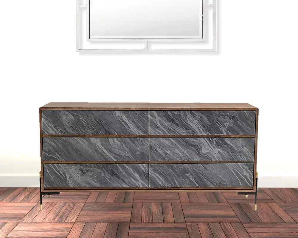 63" Walnut And Grey Faux Marble Wood Six Drawer Double Dresser HomeRoots