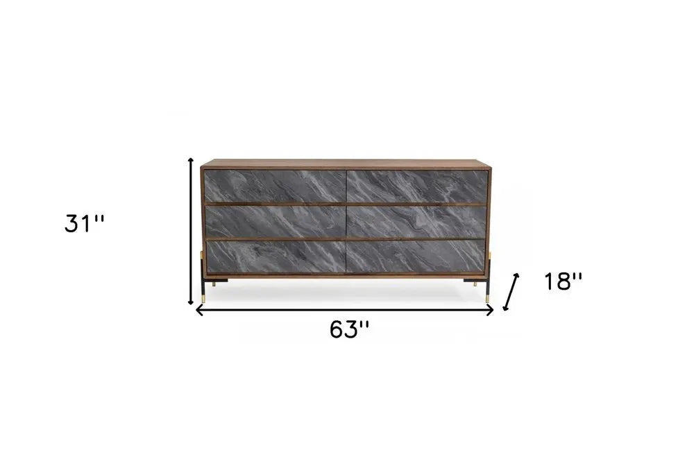 63" Walnut And Grey Faux Marble Wood Six Drawer Double Dresser HomeRoots
