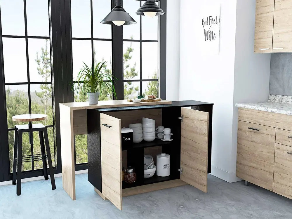 Natural and Natural And Black 59" Kitchen Island With Storage HomeRoots