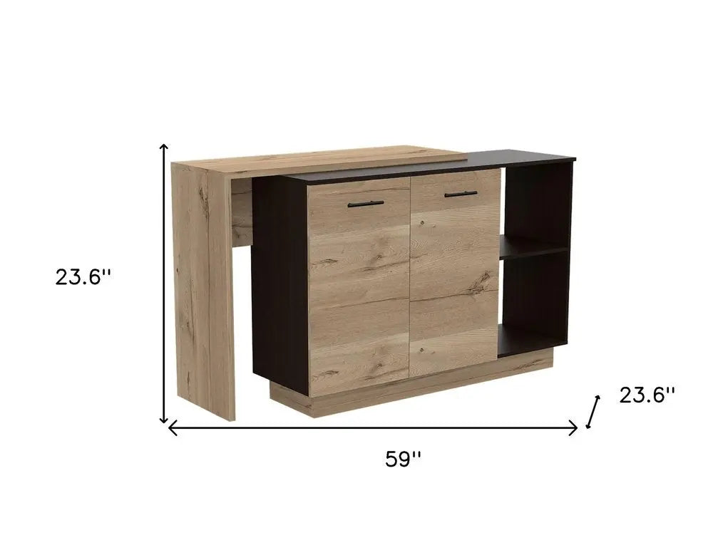 Natural and Natural And Black 59" Kitchen Island With Storage HomeRoots