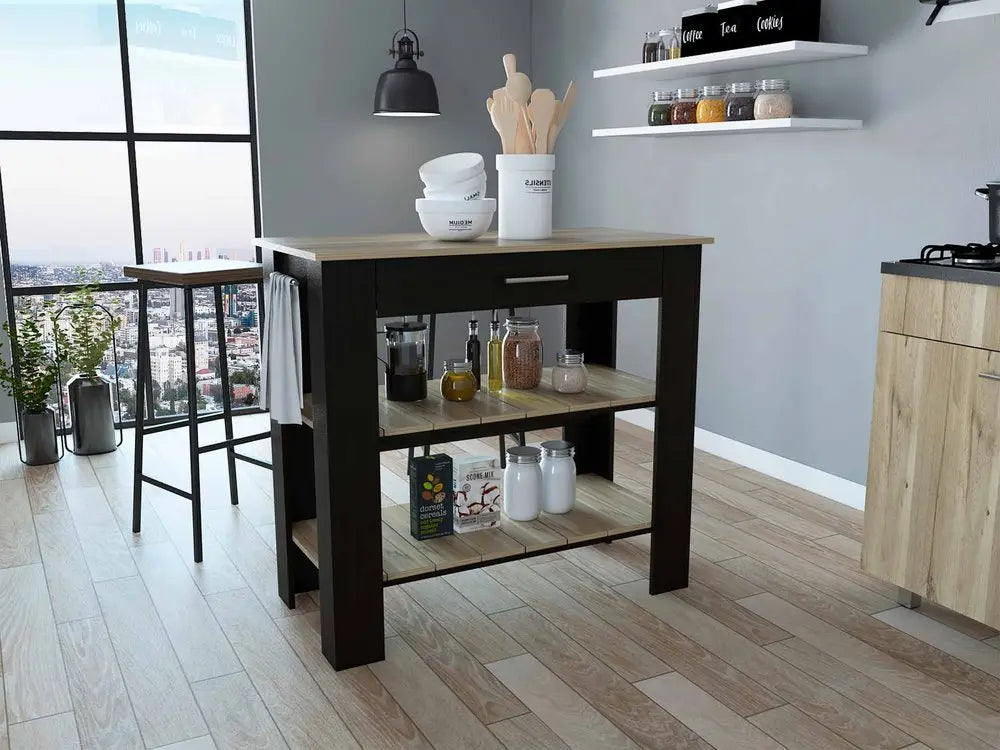 Black and Natural 40" Kitchen Island With Storage HomeRoots