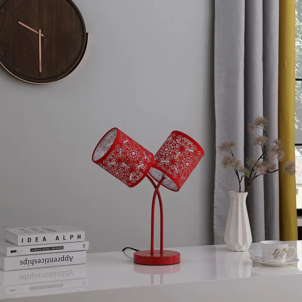 17" Red Metal Two Light Table Lamp With Red Abstract Drum Shade HomeRoots