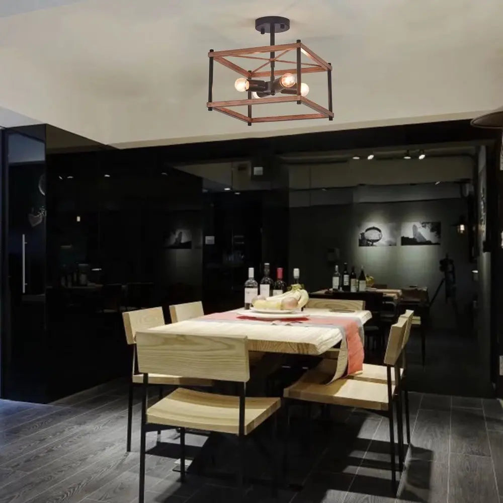 Industrial Wood Square Four Light Ceiling Fixture HomeRoots