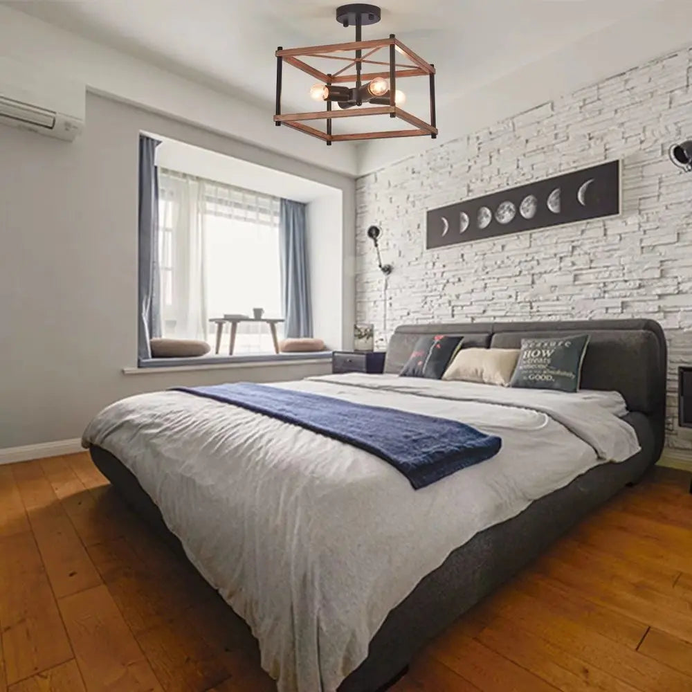 Industrial Wood Square Four Light Ceiling Fixture HomeRoots