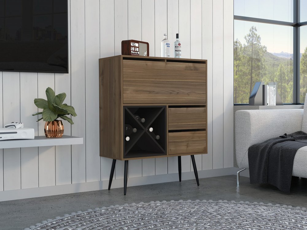 Consola bar de madera marrón oscuro y negra de 46" con una puerta y dos cajones