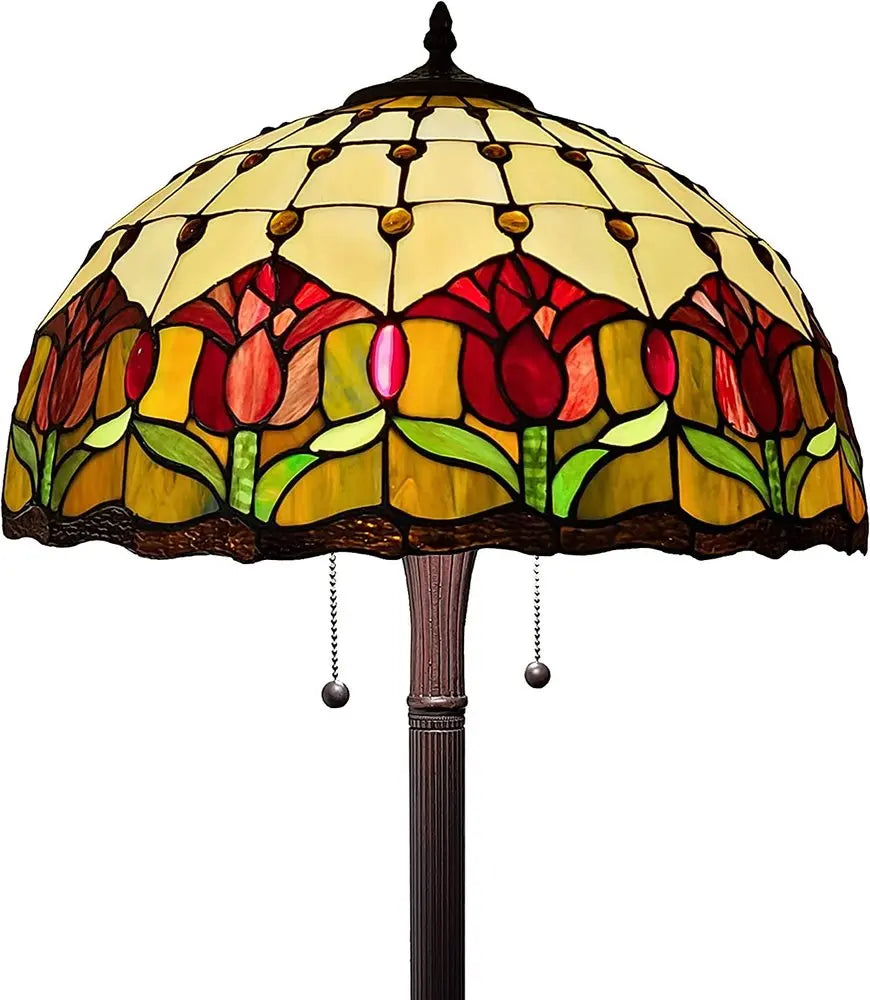 62" Brown Two Light Traditional Shaped Floor Lamp With Red Flowers Stained Glass Dome Shade HomeRoots