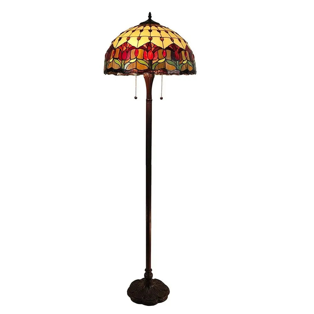 62" Brown Two Light Traditional Shaped Floor Lamp With Red Flowers Stained Glass Dome Shade HomeRoots