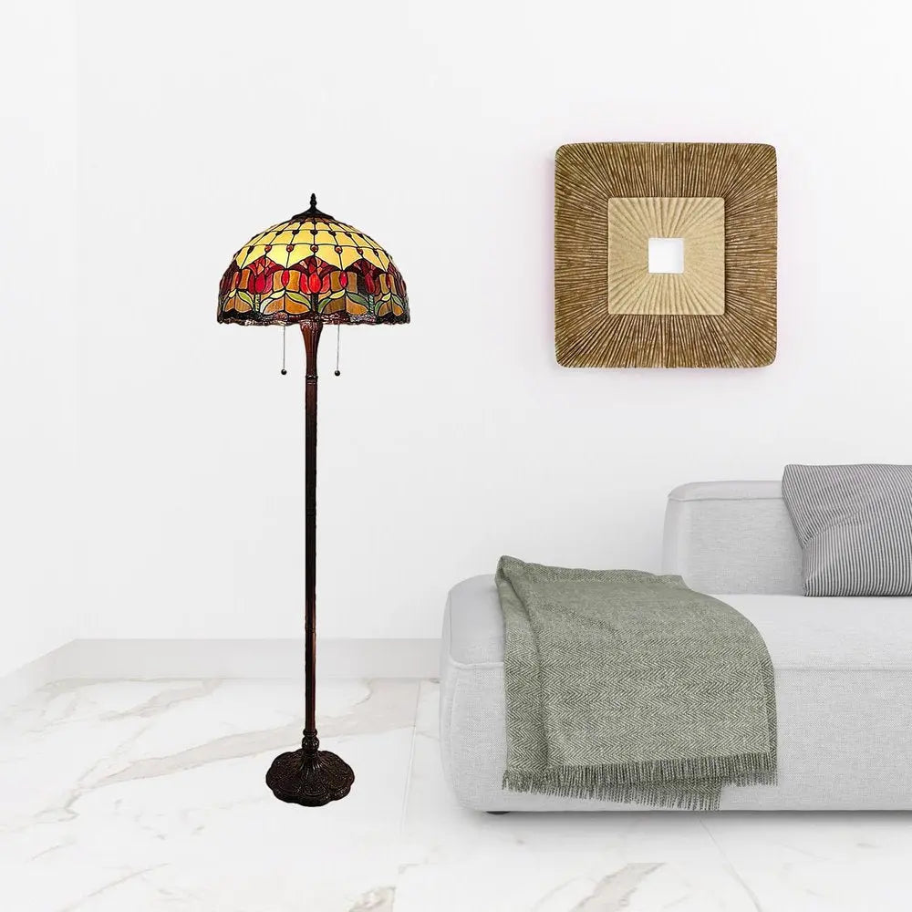 62" Brown Two Light Traditional Shaped Floor Lamp With Red Flowers Stained Glass Dome Shade HomeRoots