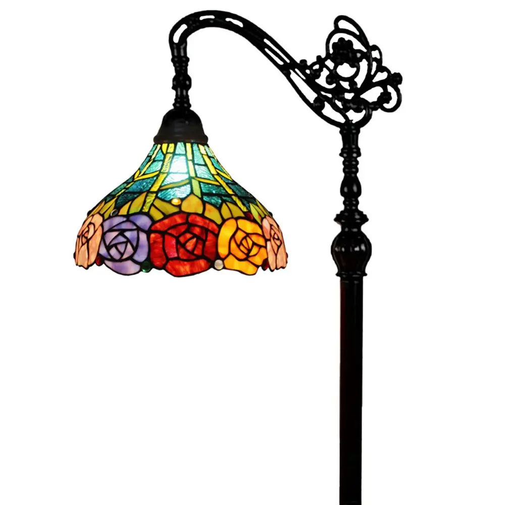 62" Brown Torchiere Floor Lamp With Blue and Yellow Flowers Glass Dome Shade HomeRoots