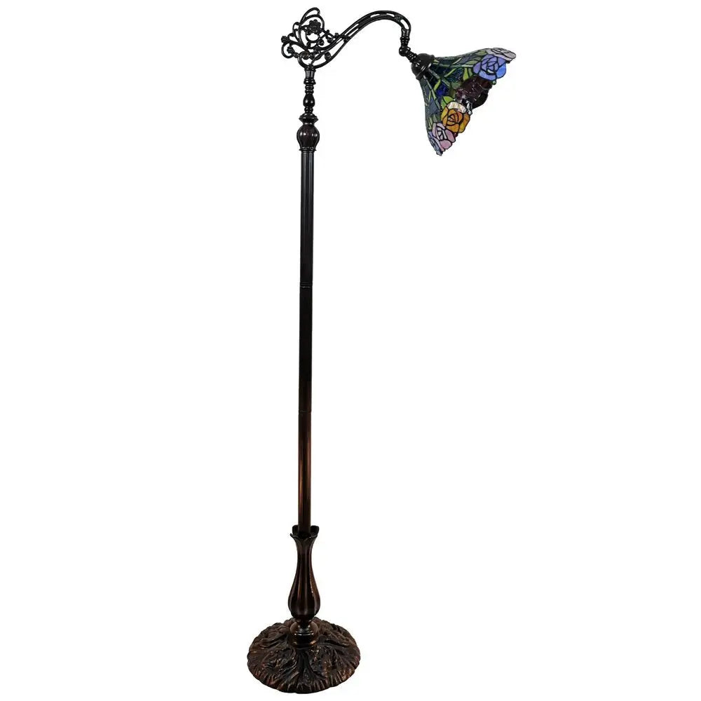 62" Brown Torchiere Floor Lamp With Blue and Yellow Flowers Glass Dome Shade HomeRoots