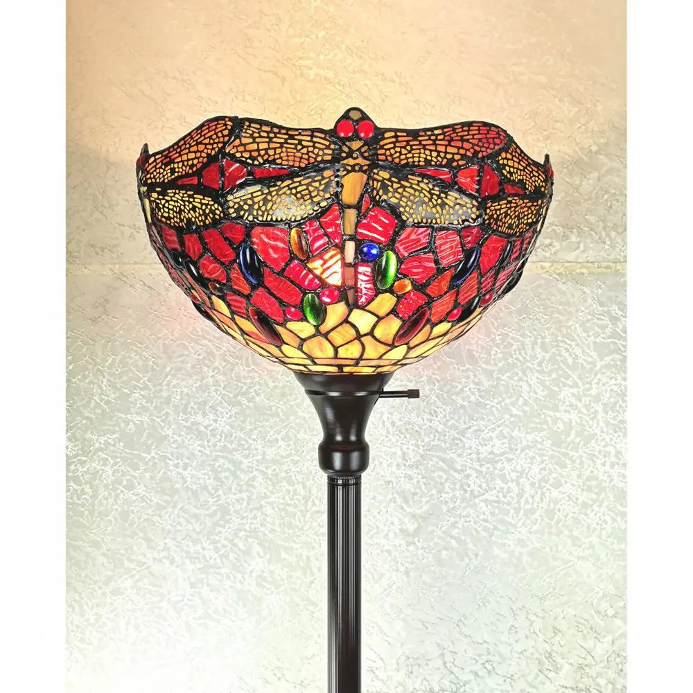 69" Black And Red Torchiere Floor Lamp With Red Dragonfly Glass Dome Shade HomeRoots