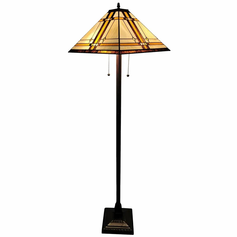 62" Brown And White Two Light Floor Lamp With Brown And White Glass Cone Shade HomeRoots