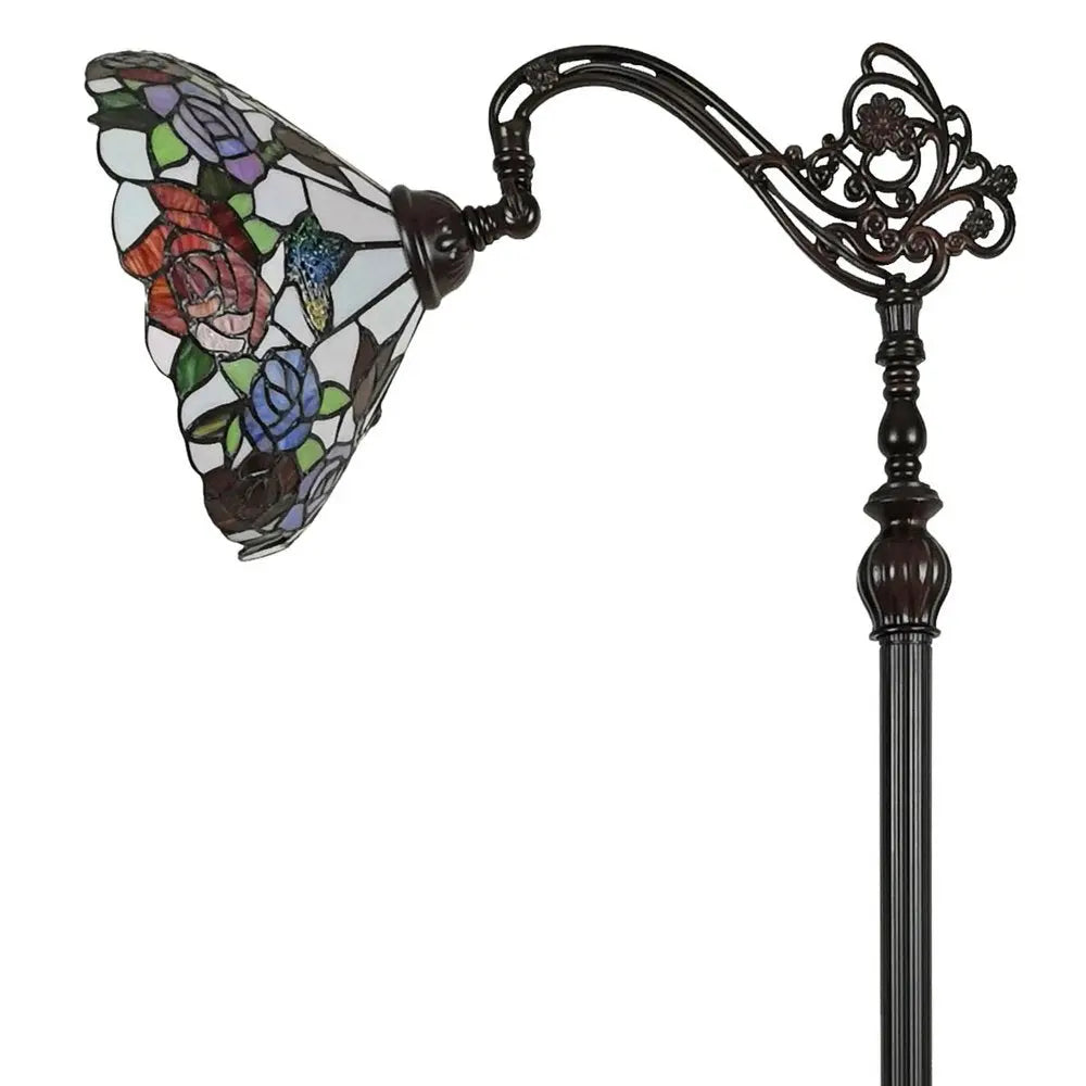 62" Espresso Metal Torchiere Floor Lamp With Green And White Flowers Glass Dome Shade HomeRoots