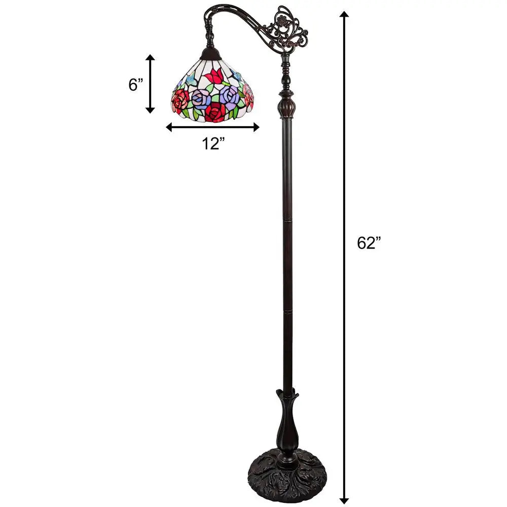 62" Espresso Metal Torchiere Floor Lamp With Green And White Flowers Glass Dome Shade HomeRoots