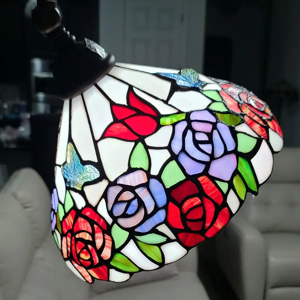 62" Espresso Metal Torchiere Floor Lamp With Green And White Flowers Glass Dome Shade HomeRoots