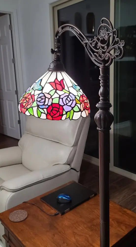 62" Espresso Metal Torchiere Floor Lamp With Green And White Flowers Glass Dome Shade HomeRoots