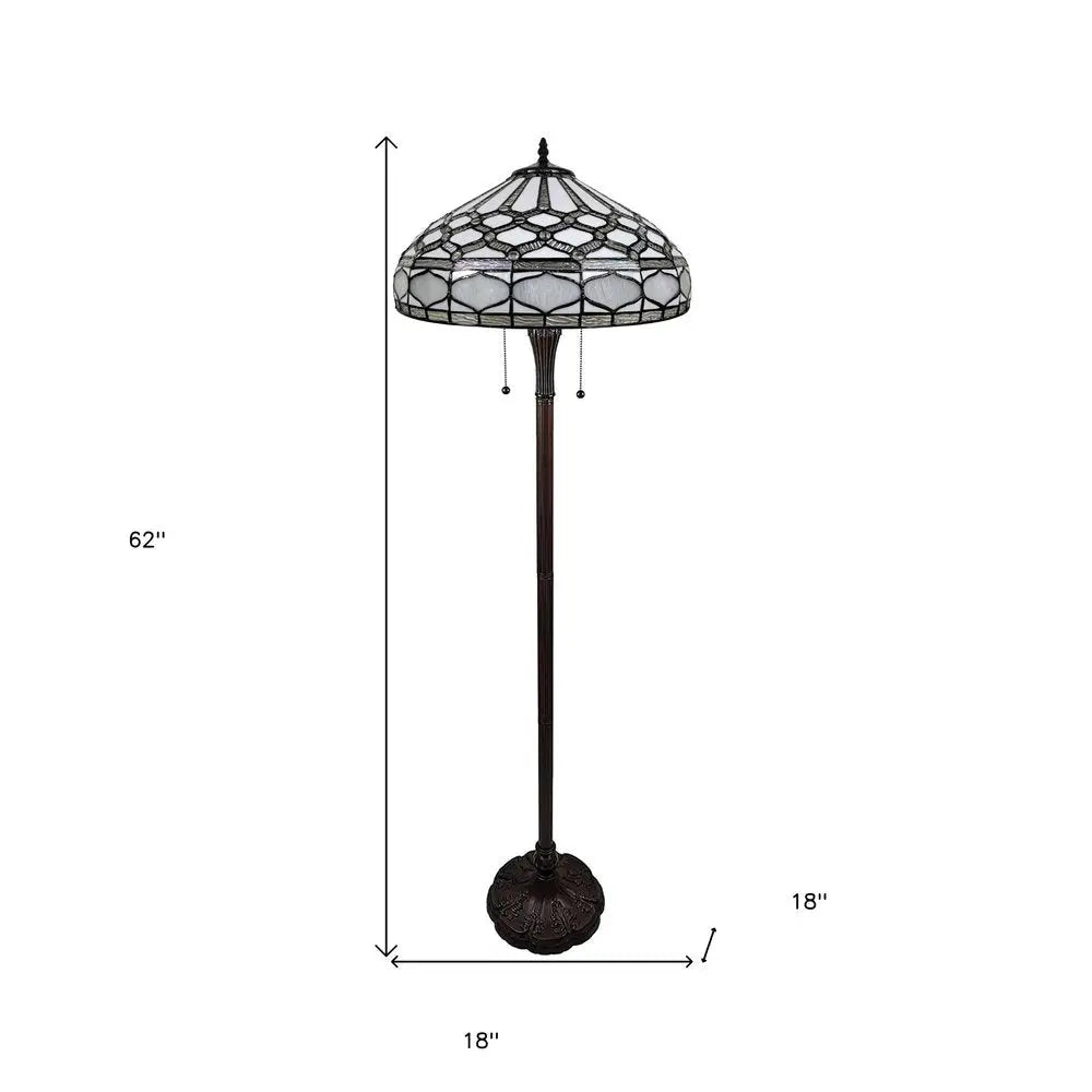 62" Brown And White Two Light Torchiere Floor Lamp With White Geometric Glass Dome Shade HomeRoots