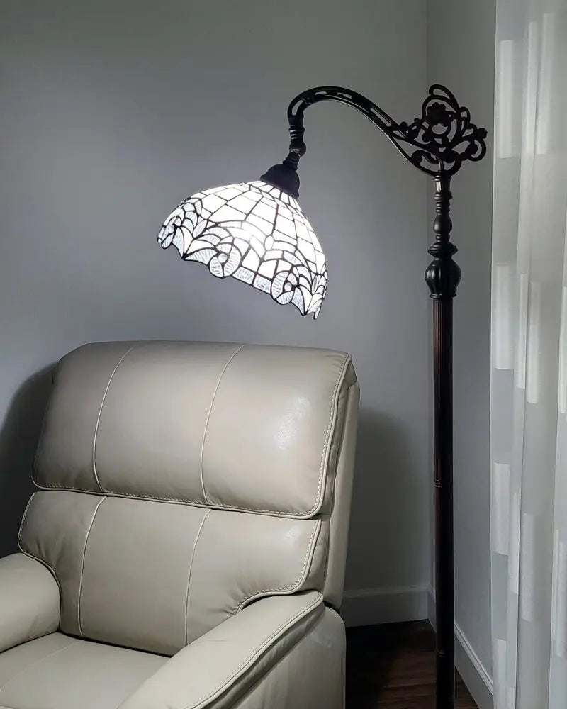 62" Brown Metal Arched Floor Lamp With White Geometric Stained Glass Shade HomeRoots