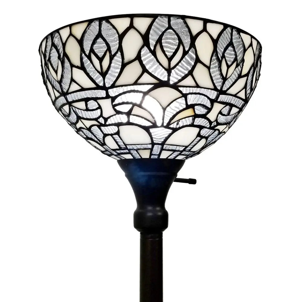 62" Brown And White Torchiere Floor Lamp With White Peacock Feather Glass Dome Shade HomeRoots