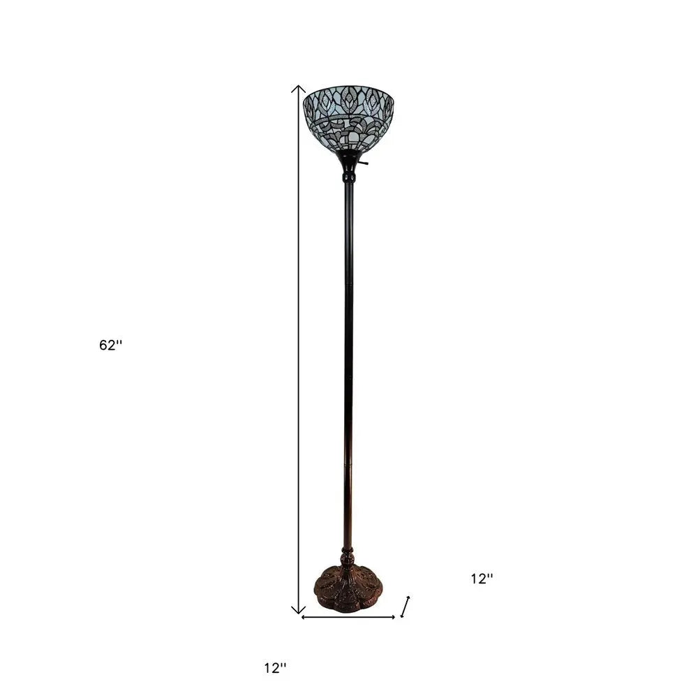 62" Brown And White Torchiere Floor Lamp With White Peacock Feather Glass Dome Shade HomeRoots