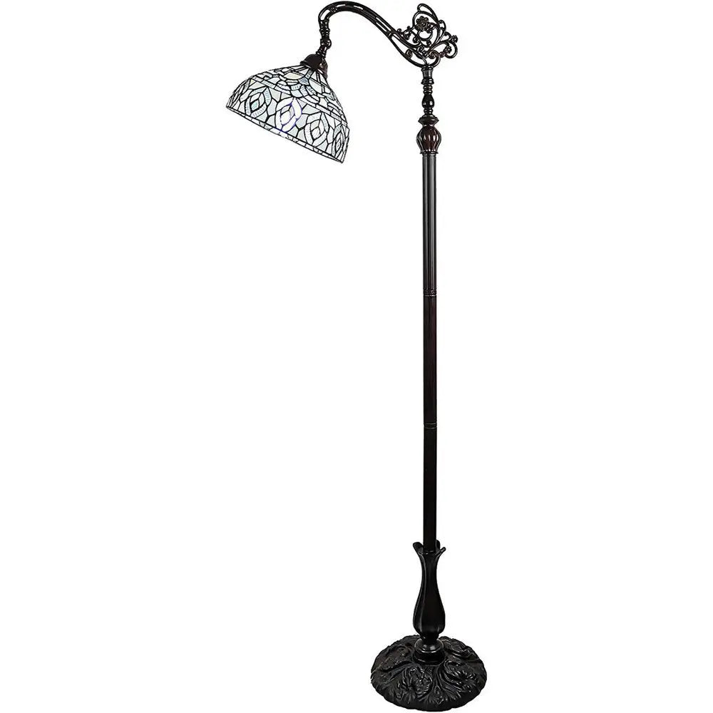 62" Brown And White Torchiere Floor Lamp With White Peacock Feather Glass Dome Shade HomeRoots