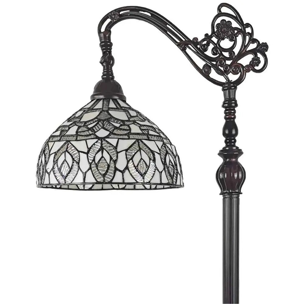 62" Brown And White Torchiere Floor Lamp With White Peacock Feather Glass Dome Shade HomeRoots