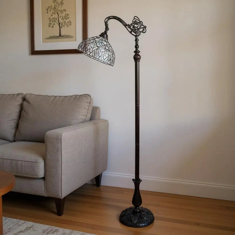 62" Brown And White Torchiere Floor Lamp With White Peacock Feather Glass Dome Shade HomeRoots