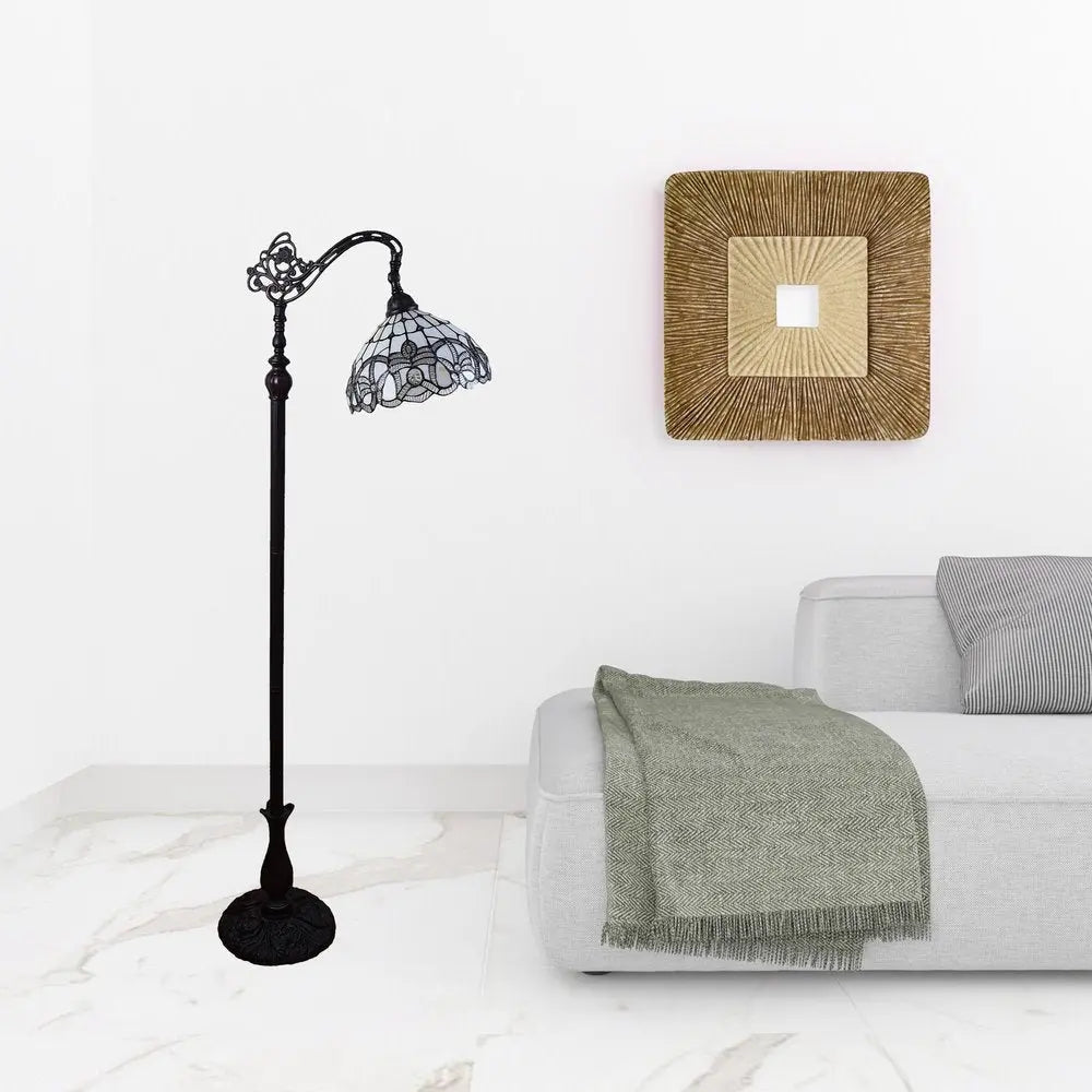 62" Brown And White Torchiere Floor Lamp With White Flowers Glass Dome Shade HomeRoots