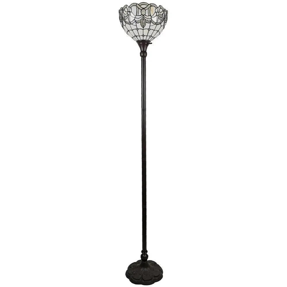 72" Brown And White Torchiere Floor Lamp With White Flowers Glass Dome Shade HomeRoots