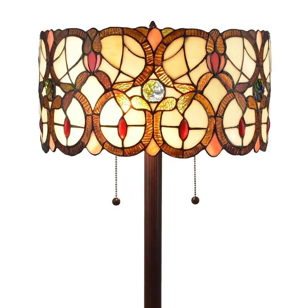63" Beige Metal Two Light Torchiere Floor Lamp With Red And White Flowers Glass Drum Shade HomeRoots