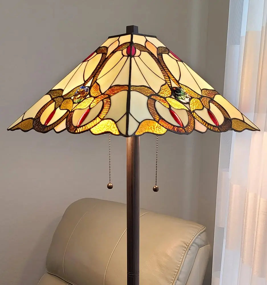 62" Beige Two Light Floor Lamp With Brown And White Glass Cone Shade HomeRoots