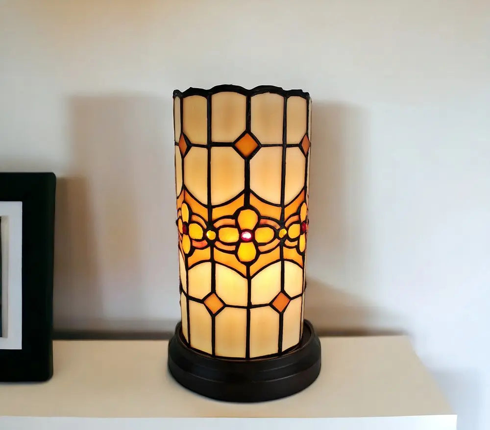 11" Brown and Beige Mosaic Tile Stained Glass Accent Lamp HomeRoots