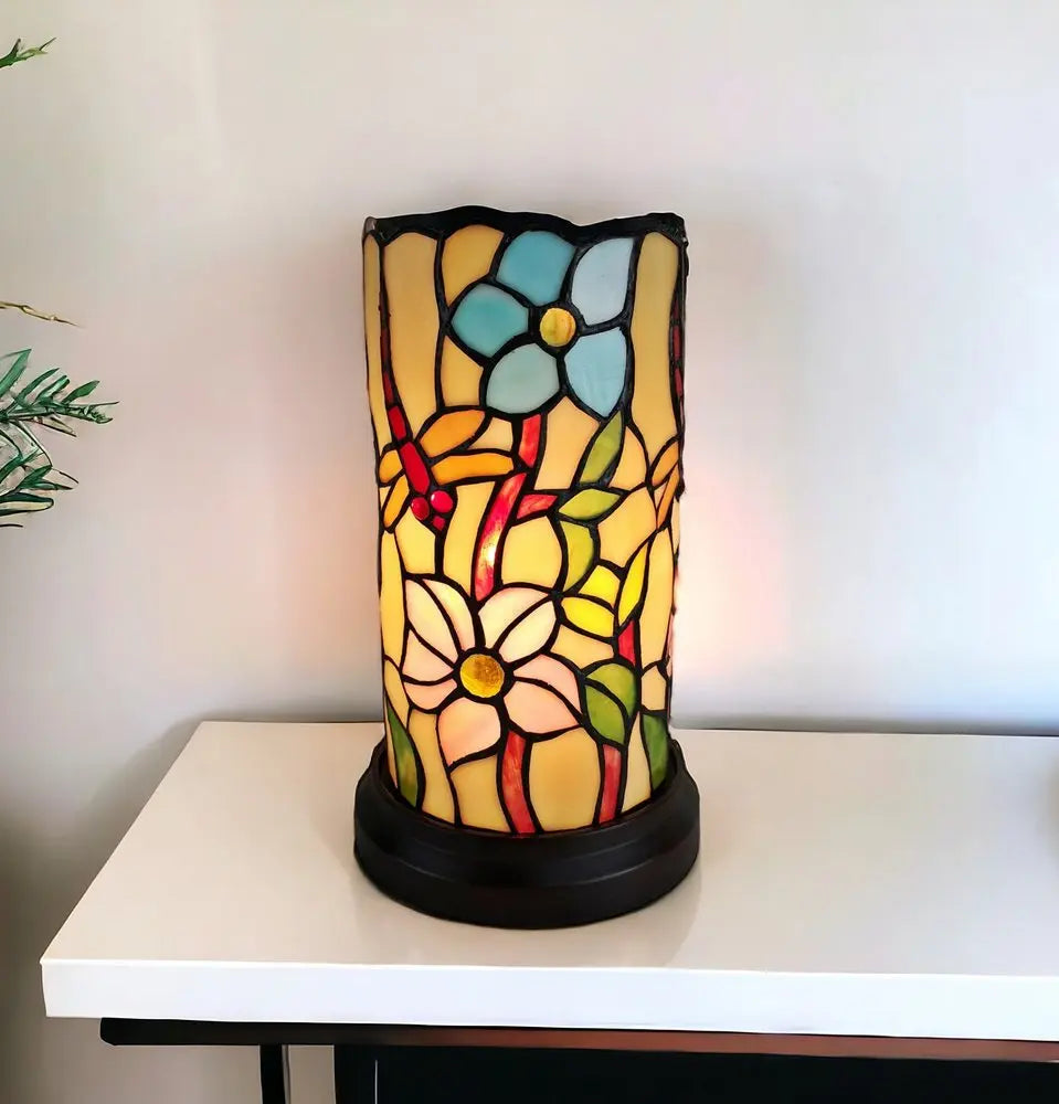 10" Red and Beige Dragonfly Stained Glass Accent Lamp HomeRoots