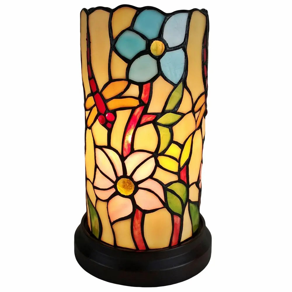 10" Red and Beige Dragonfly Stained Glass Accent Lamp HomeRoots
