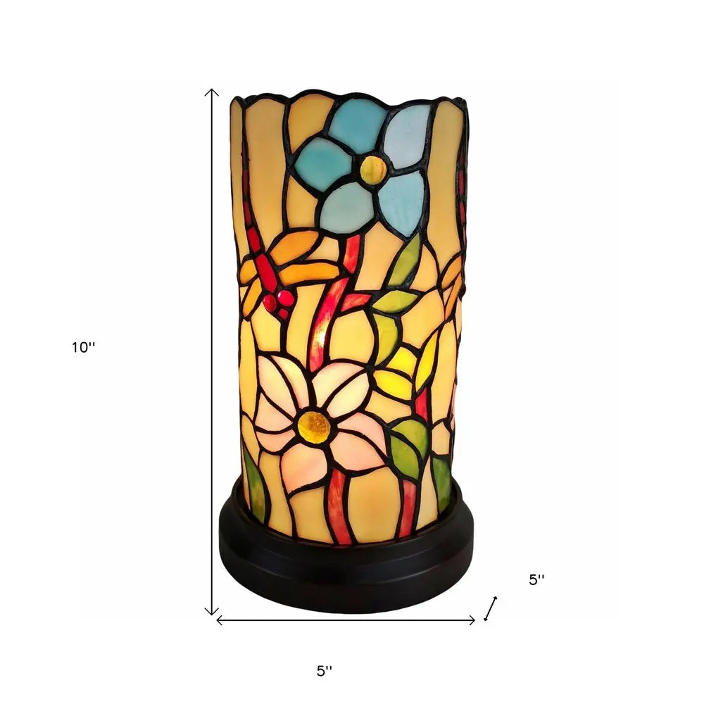 10" Red and Beige Dragonfly Stained Glass Accent Lamp HomeRoots