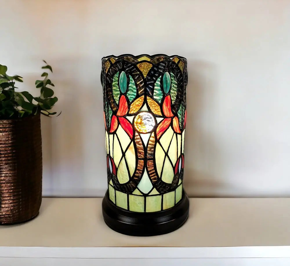 11" Beige and Orange Mosaic Tile Stained Glass Accent Lamp HomeRoots