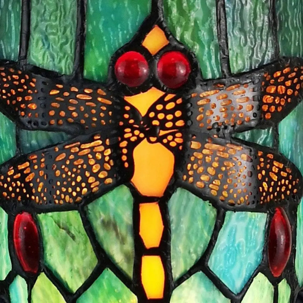 11" Green Brown and Orange Dragonfly Stained Glass Accent Lamp HomeRoots