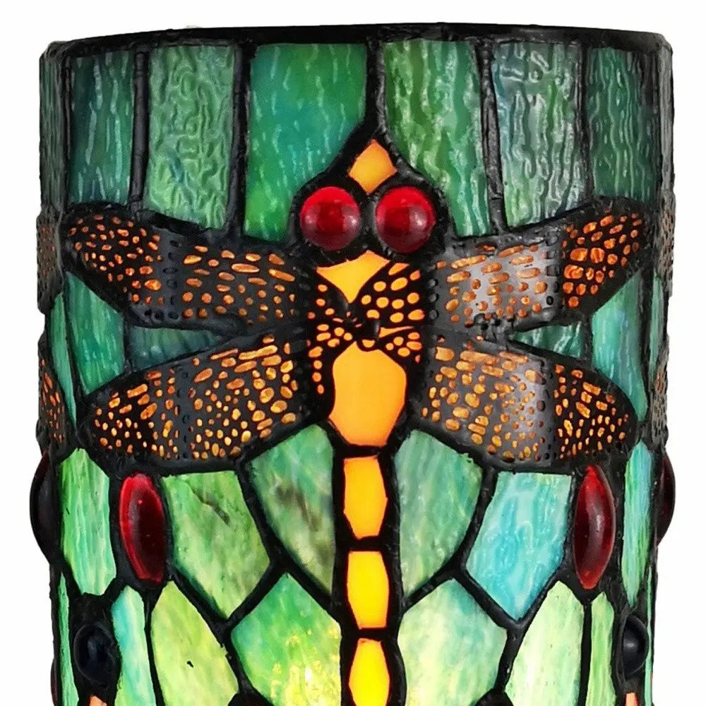 11" Green Brown and Orange Dragonfly Stained Glass Accent Lamp HomeRoots