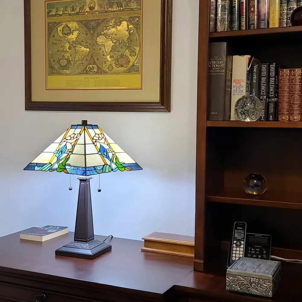 22" Dark Brown Metal Two Light Candlestick Table Lamp With Blue and Beige Shade HomeRoots