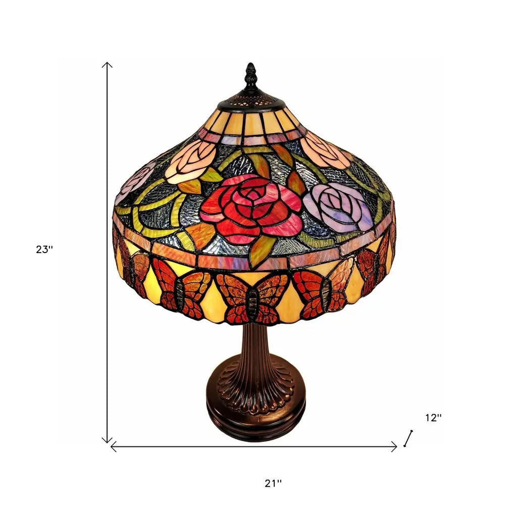 23" Dark Brown Metal Two Light Candlestick Table Lamp With Red and Black Shade HomeRoots