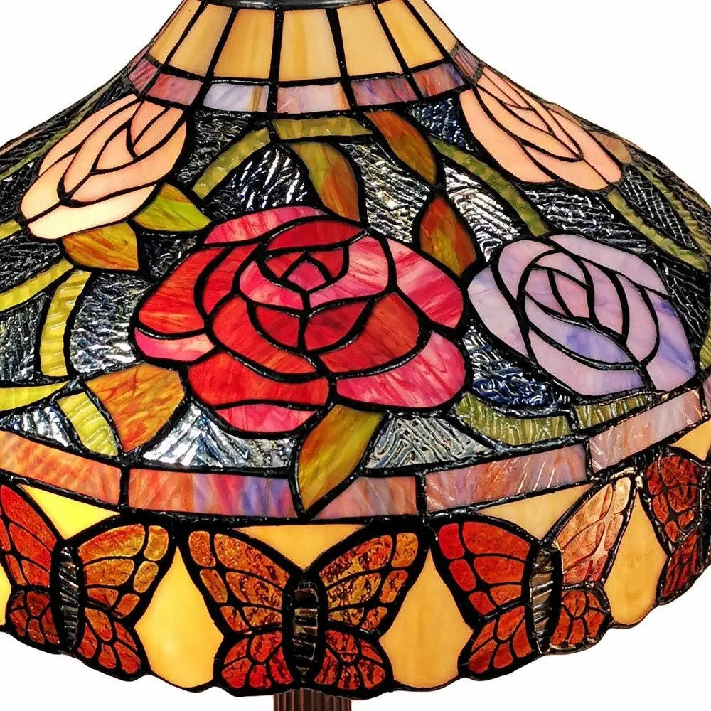 23" Dark Brown Metal Two Light Candlestick Table Lamp With Red and Black Shade HomeRoots