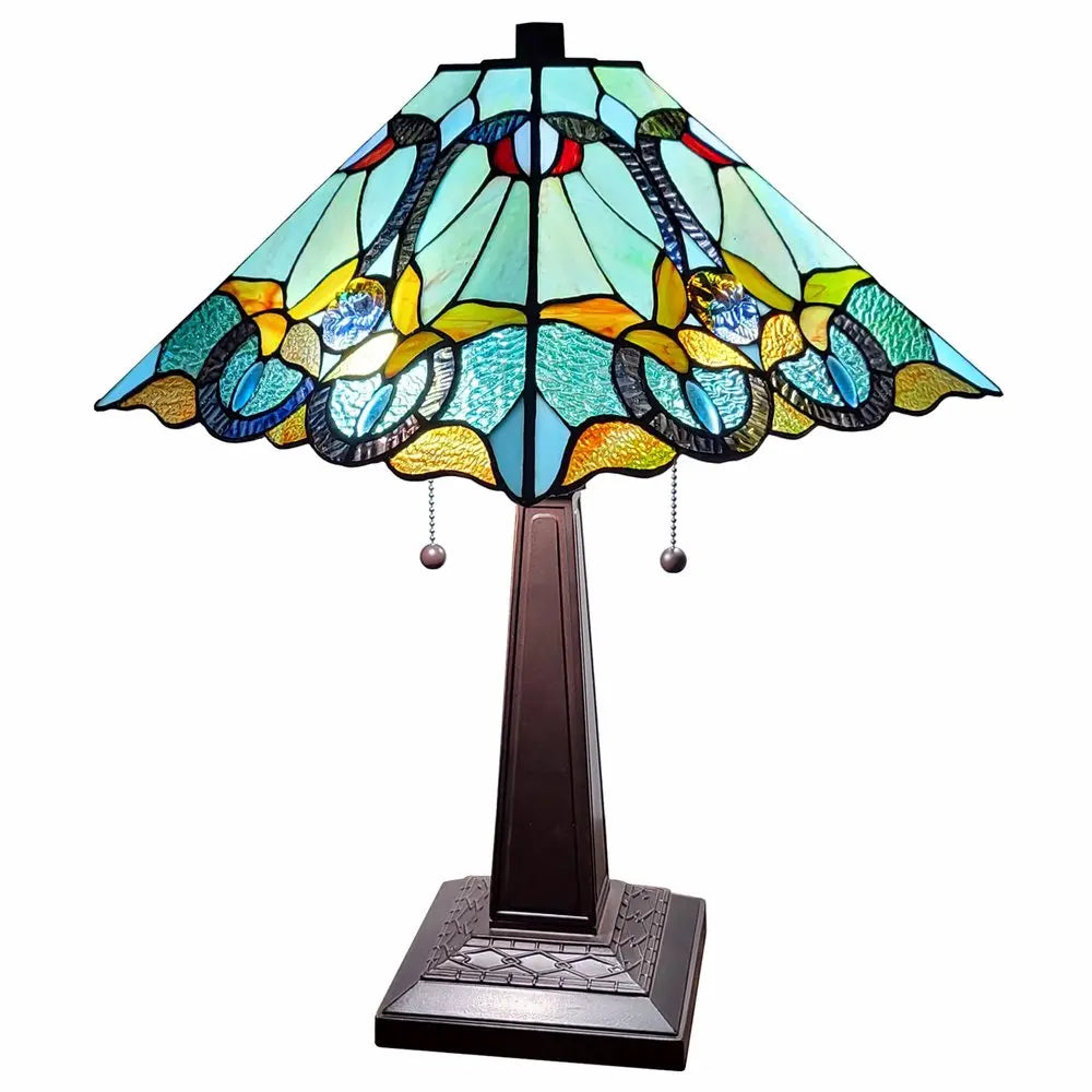23" Dark Brown Metal Two Light Table Lamp With Blue and Green Cone Shade HomeRoots