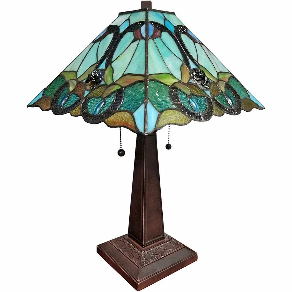 23" Dark Brown Metal Two Light Table Lamp With Blue and Green Cone Shade HomeRoots