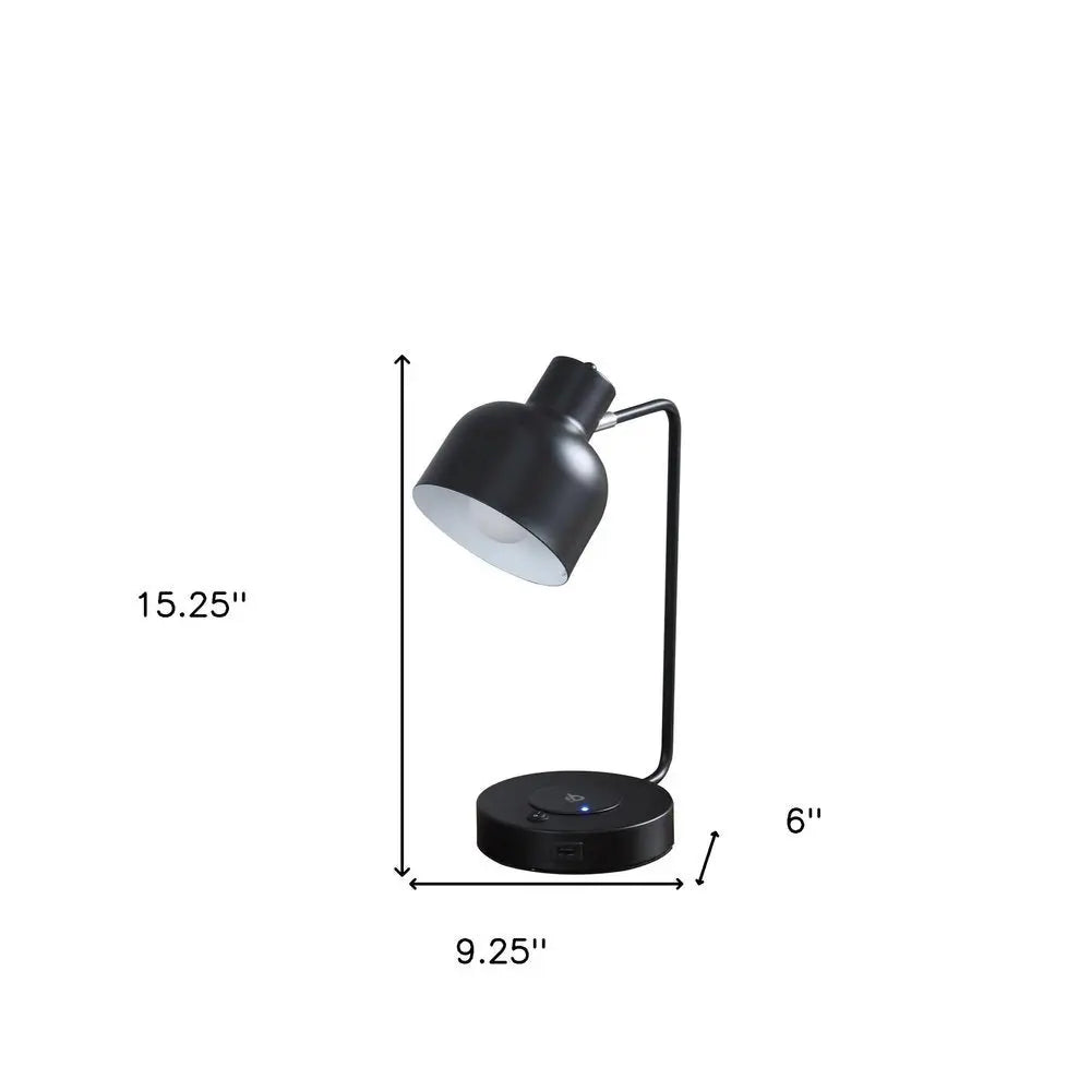 15" Black Metal Desk USB Table Lamp With Black Shade HomeRoots