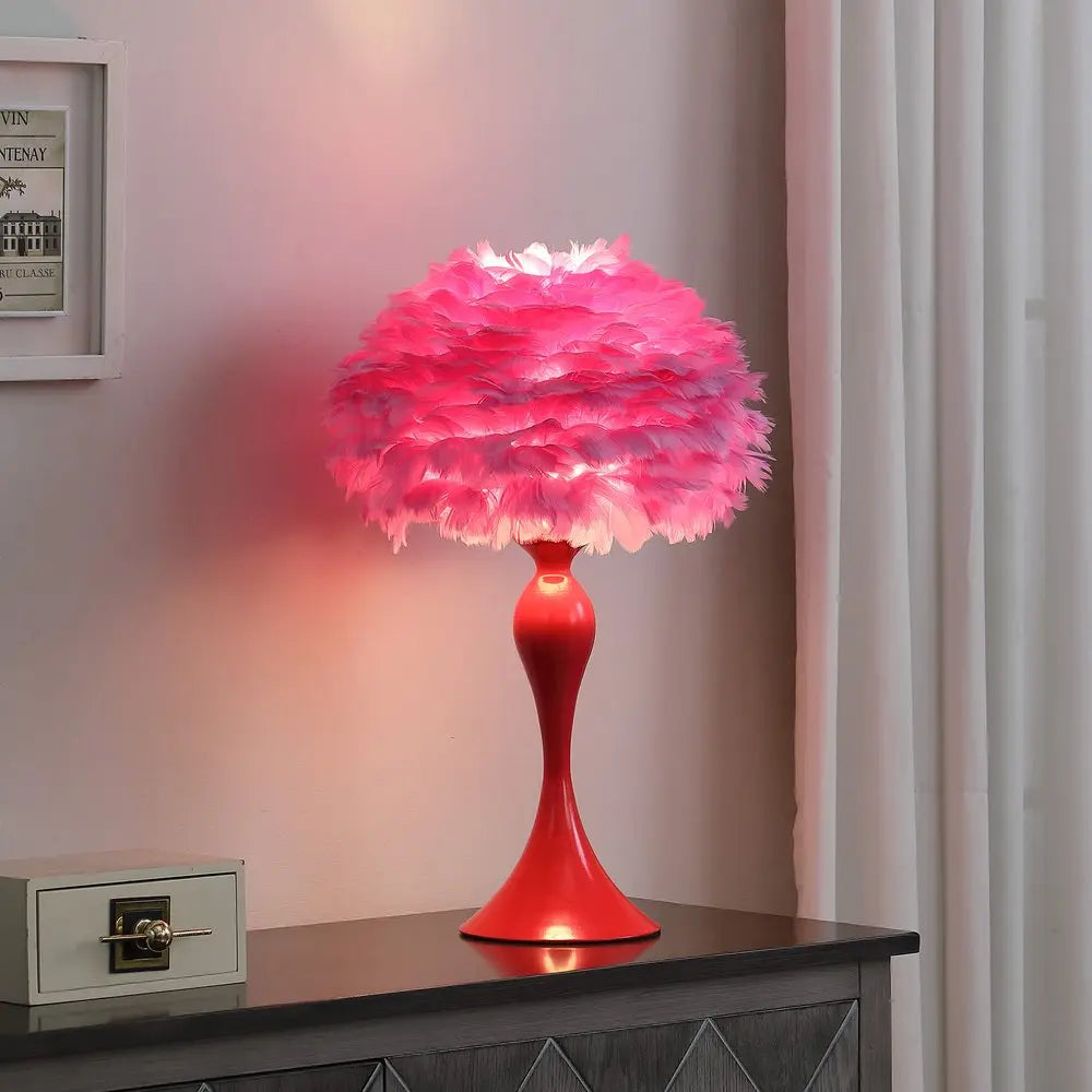 24" Glam Pink Faux Feather and White Metal Table Lamp HomeRoots