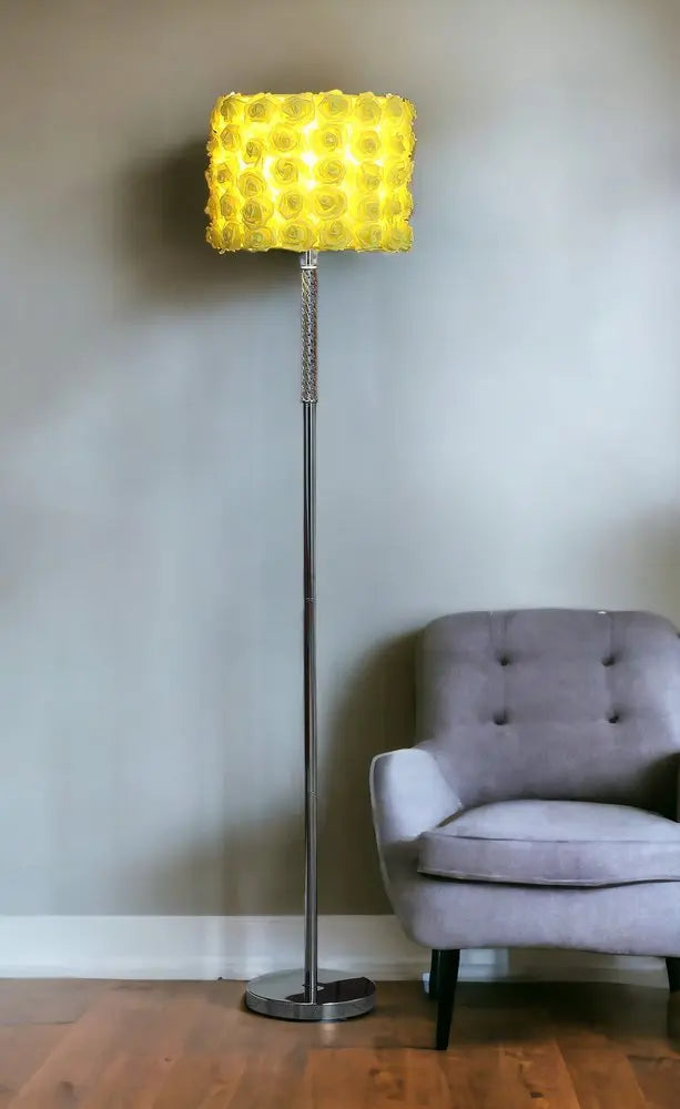 63" Steel and Acrylic Floor Lamp With Purple Flowers Fabric Drum Shade HomeRoots