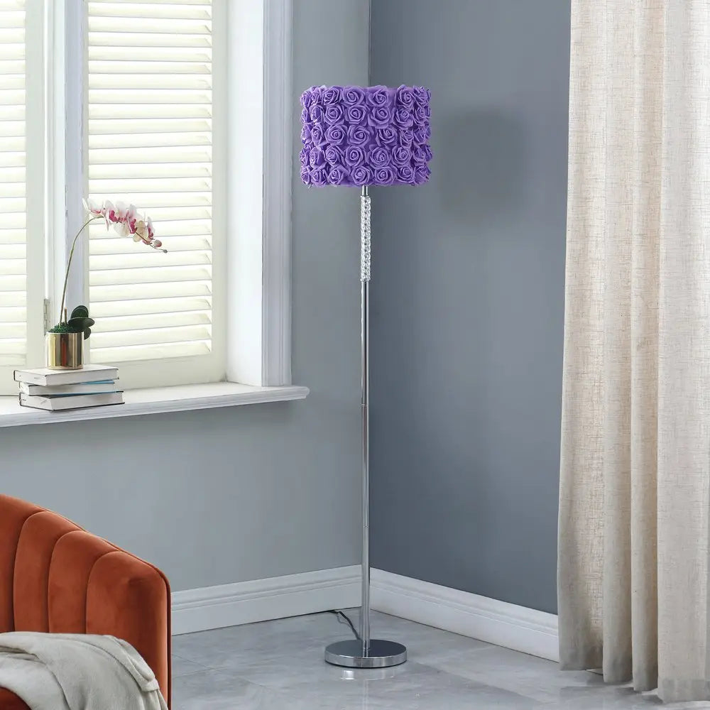 63" Steel and Acrylic Floor Lamp With Purple Flowers Fabric Drum Shade HomeRoots