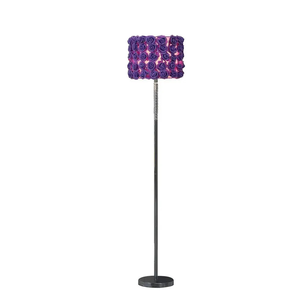 63" Steel and Acrylic Floor Lamp With Purple Flowers Fabric Drum Shade HomeRoots